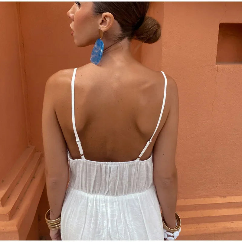 Women Sexy Flower Embroidered Split Sling Dress Chic Single Breasted Backless Sleeveless Long Dresses Lady Party Beach Robes