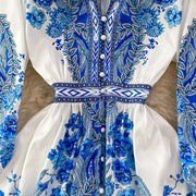 Spring Autumn Women Short Dress Runway V-Neck Long Lantern Sleeve Single Breasted High Waist Party Vestidos A2297