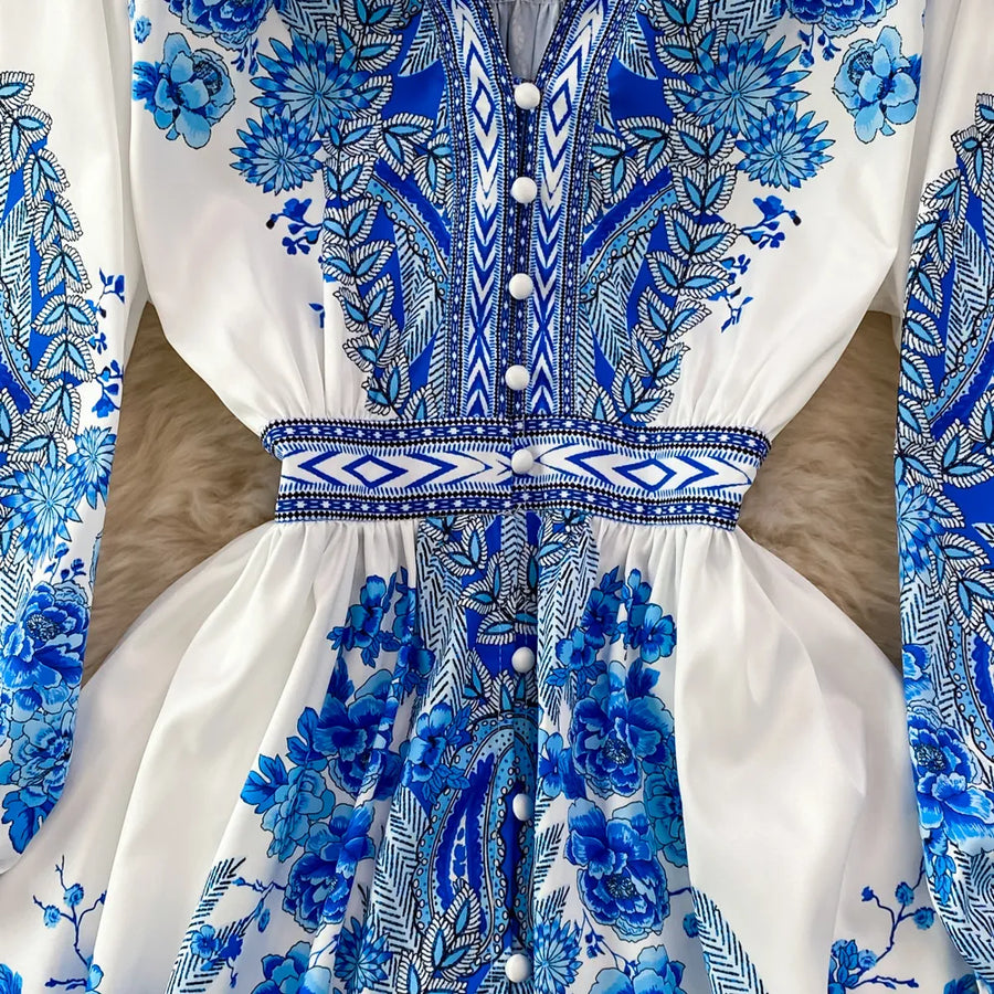 Spring Autumn Women Short Dress Runway V-Neck Long Lantern Sleeve Single Breasted High Waist Party Vestidos A2297