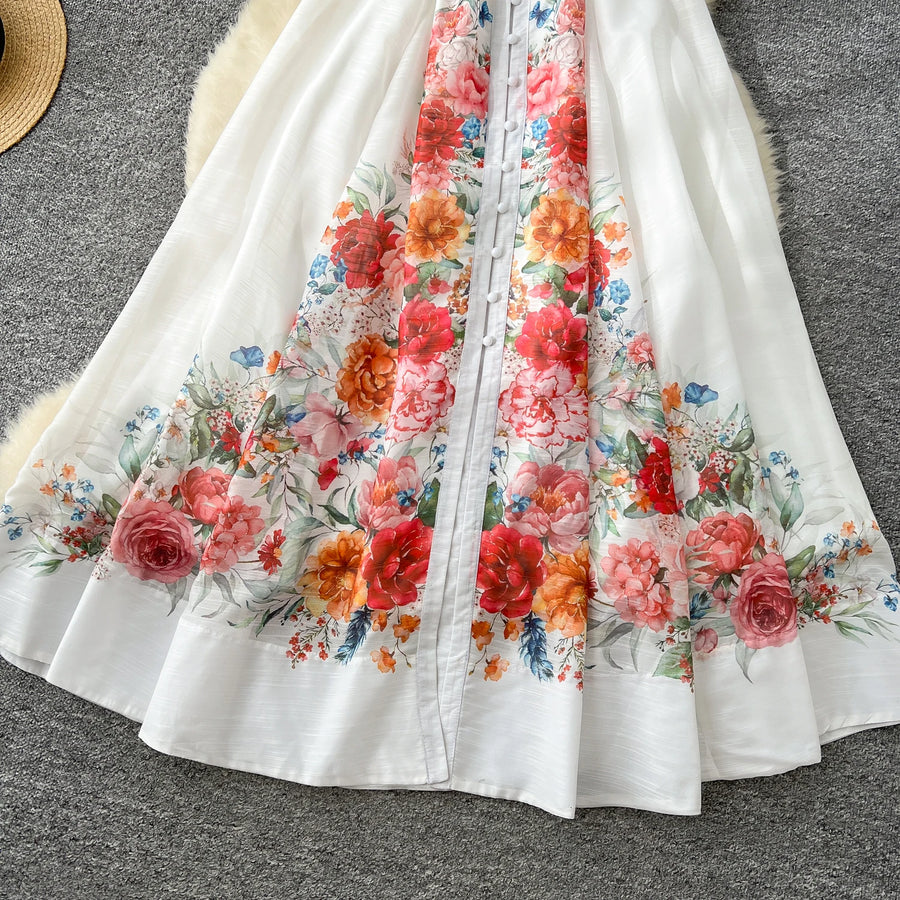 Elegant vintage V-neck button long floral evening dress high quality
