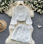 Retro Two Piece Set Hollow Out Long Sleeve Shirt+High Quality Mini Skirts