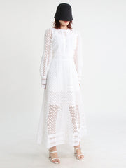 Vintage dresses round neck, flare sleeve, high waist, hollow out patchwork, high quality embroidery