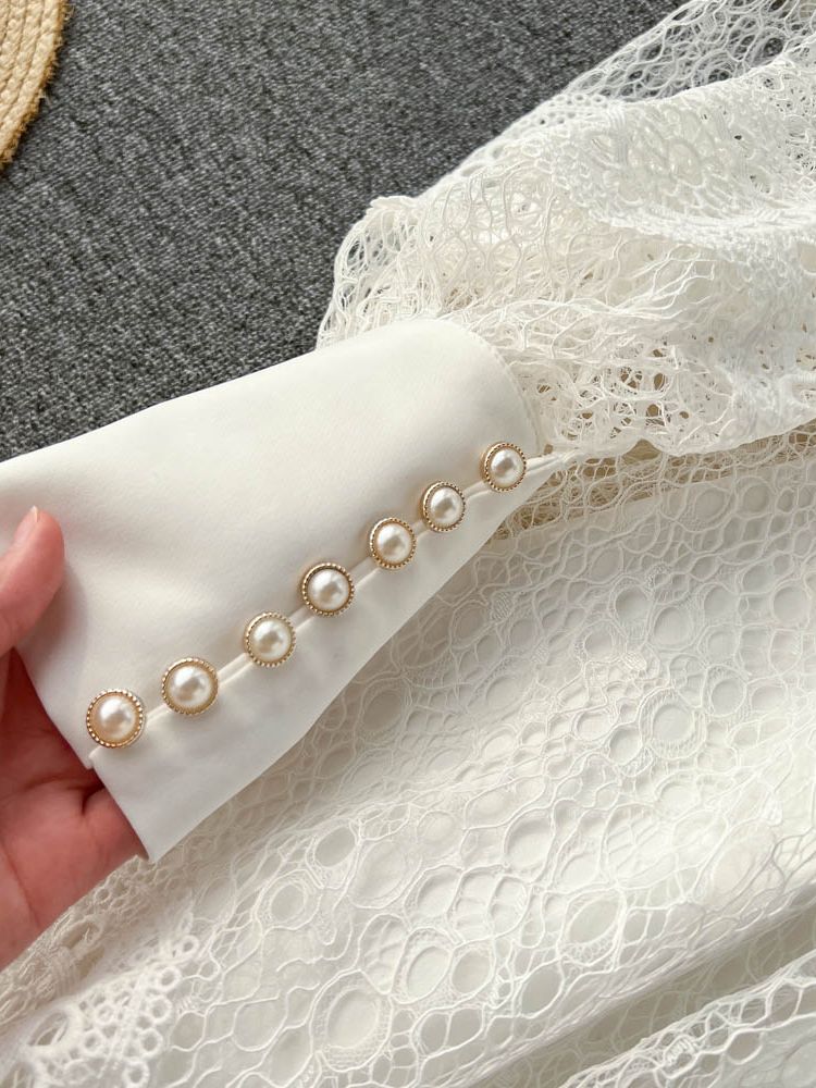 Vintage Flowers Embroidered Hollow Out Lace Dress High Neck Long Lantern Sleeve High Quality Pearl Buttons