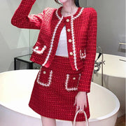 Autumn Winter Fashion Plaid Red Tweed Two Piece Set Women Pearls Single Breasted Fringed Woolen Jackets Coat + Pocket Mini Skirt