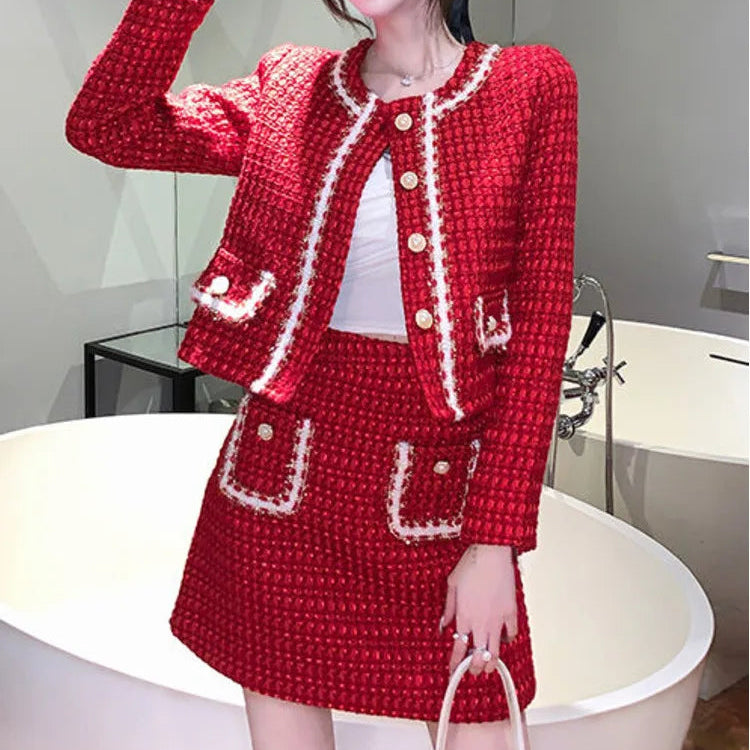 Autumn Winter Fashion Plaid Red Tweed Two Piece Set Women Pearls Single Breasted Fringed Woolen Jackets Coat + Pocket Mini Skirt