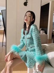 Shiny Diamonds Sequins Elegant Slim Fit Office Ladies Tweed Short Jacket High Waist A-Line Skirts Women Fashion Two Piece Set