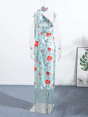 Print Tassels One-piece Long Dress Women Elegant Scarf Collar Sleeveless Backless Slim Party Dresses New Fashion Ladies Vestidos