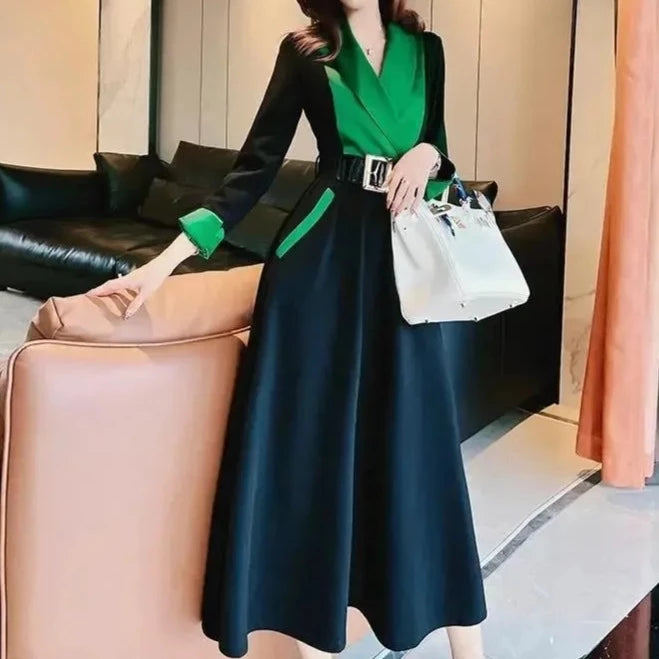 Elegant long-sleeved dress with a wide, fluid skirt that enhances the high-quality figure