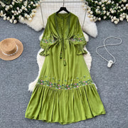 Vintage elegant dress with patchwork embroidery, lace ruffles, high-quality flared sleeves