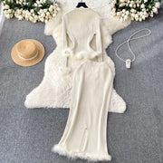 Basic Sets V-Neck Button-Down Knitted Blouse + High Quality Elastic Waist Bodycon Skirt