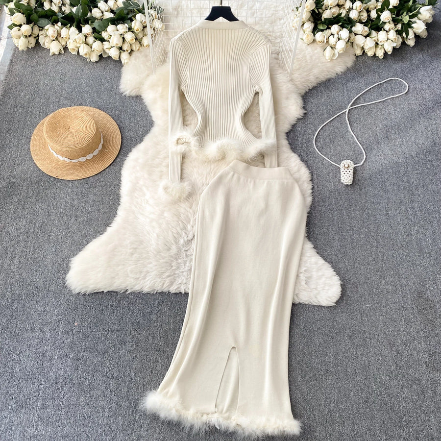 Basic Sets V-Neck Button-Down Knitted Blouse + High Quality Elastic Waist Bodycon Skirt