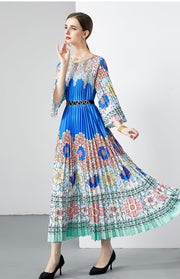 High Quality Pleated Round Neck Lace Up Belt Loose Printed Maxi Long Dress