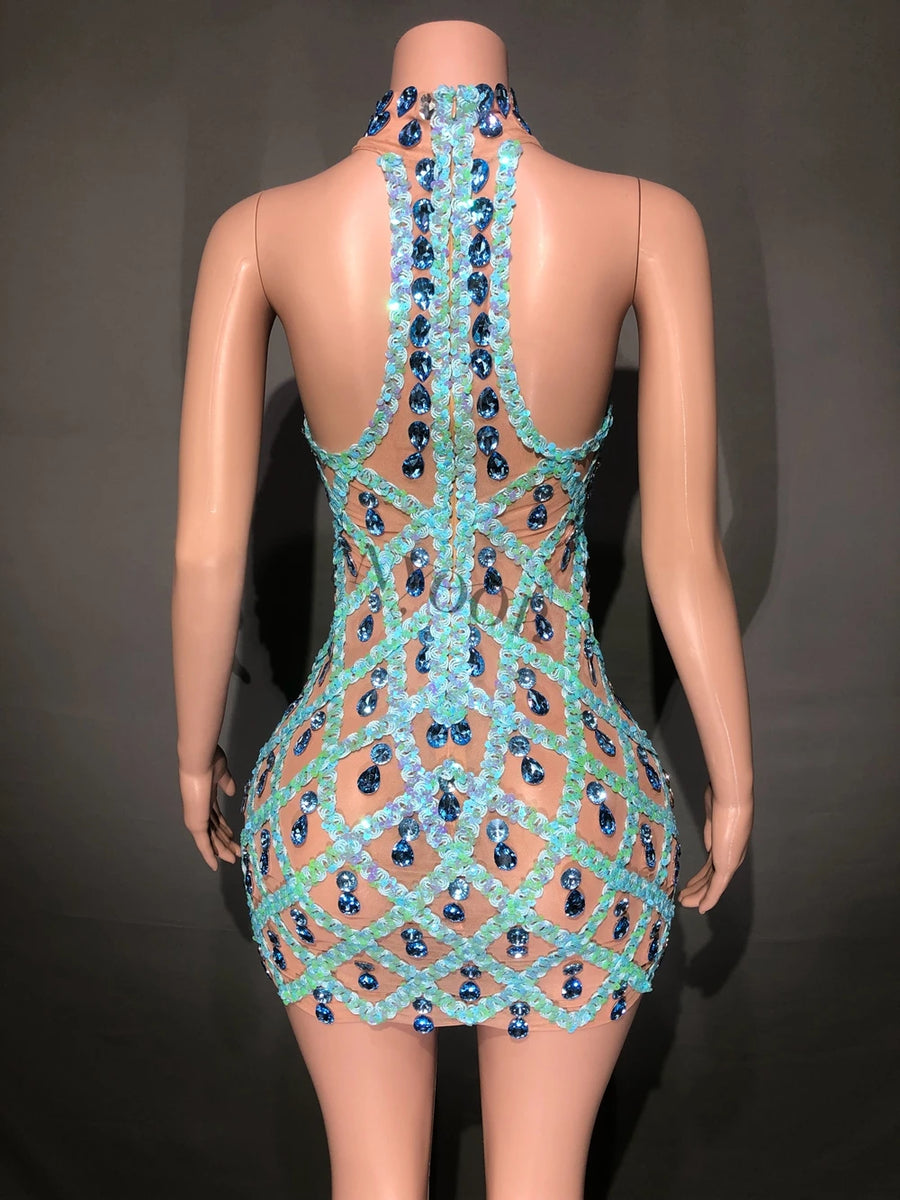 Sheer tight fit short dress with shiny pink sequins and diamonds