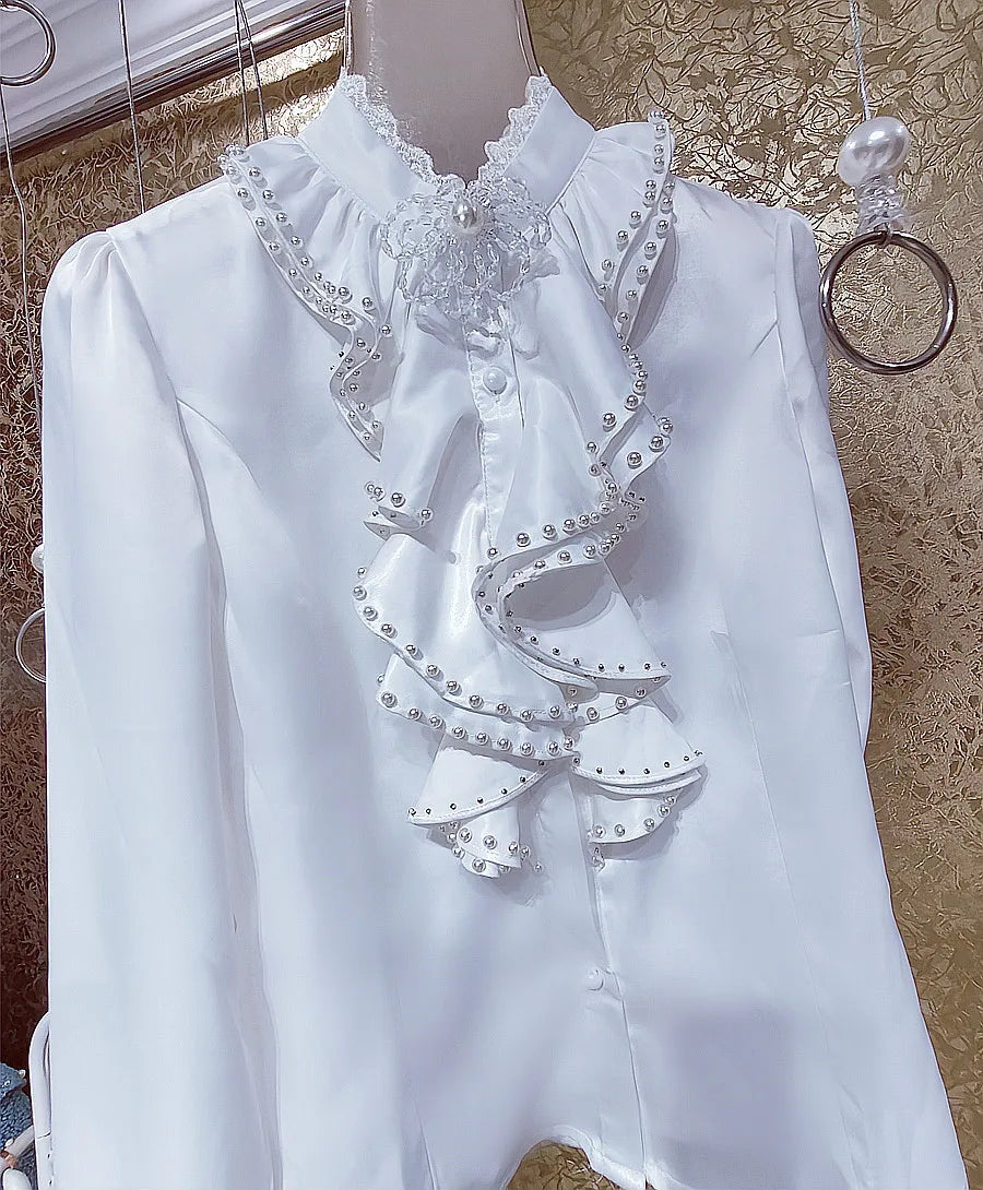 High quality pearl collar long sleeve white shirt