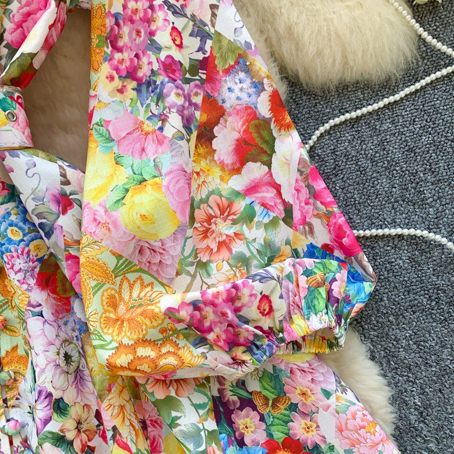 High quality long sleeve French vintage style elegant floral print dress