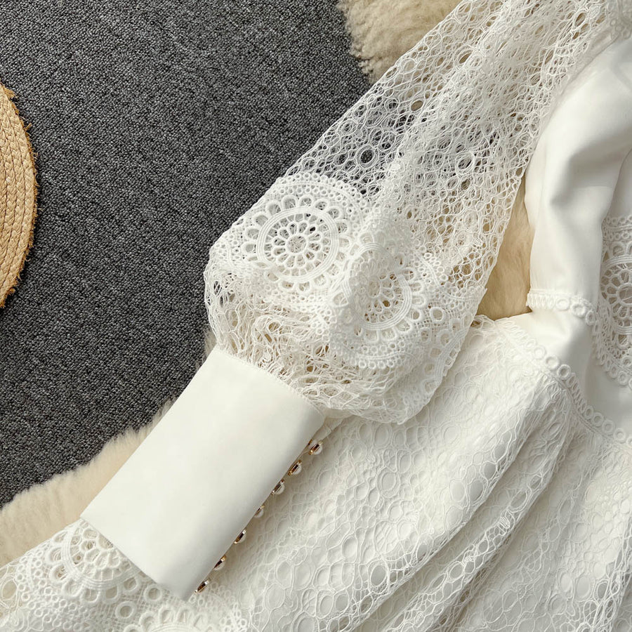 Vintage Flowers Embroidered Hollow Out Lace Dress High Neck Long Lantern Sleeve High Quality Pearl Buttons