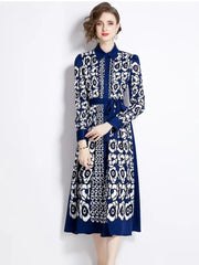 High Quality Long Sleeve Bow Neck Flower Print Elegant Dresses