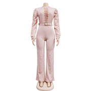 Elegant Hollow Out Turtleneck Long Sleeve Slim Fit Jumpsuit with Belt High Quality