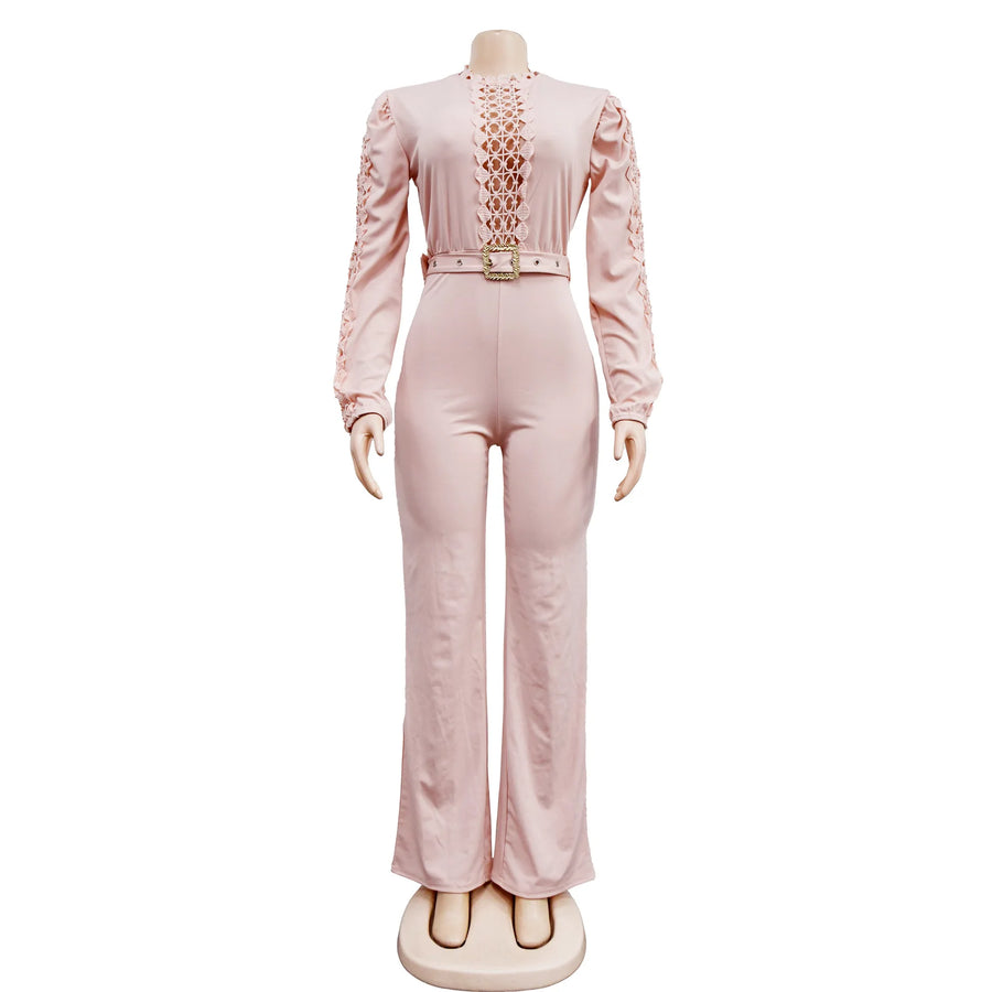 Elegant Hollow Out Turtleneck Long Sleeve Slim Fit Jumpsuit with Belt High Quality