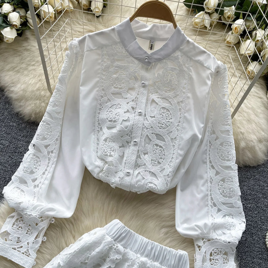 Retro Two Piece Set Hollow Out Long Sleeve Shirt+High Quality Mini Skirts