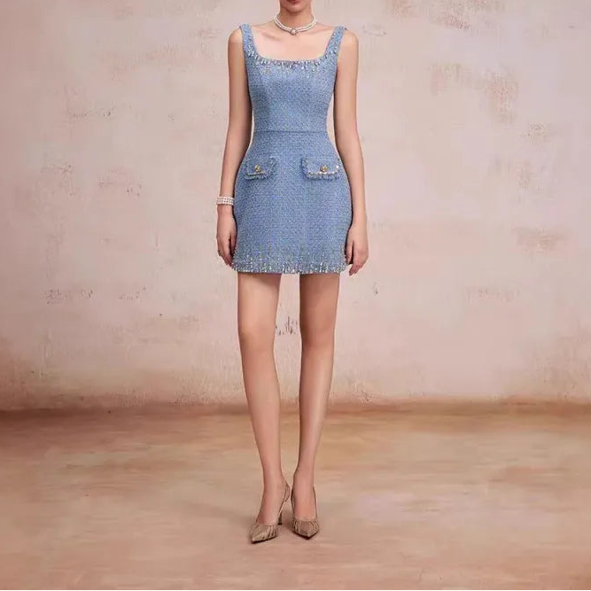 Spring Elegant Womens O Neck Beading Short Tweed Jacket Outfits Above Knee Length Sundress Two-Piece Set Slim Jackets Dress Sets