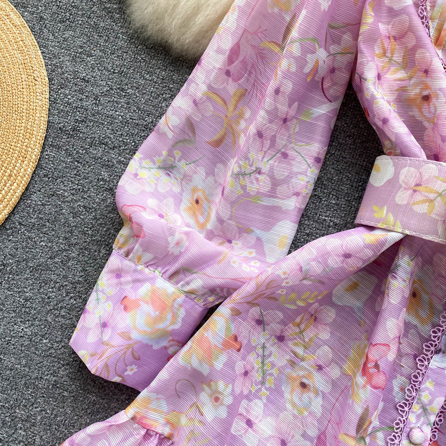 High Quality Belted Lantern Sleeve High Neck Floral Dress
