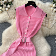 Ribbed Knit Dress Sleeveless Lapel Belt French Ins Chic Spring Summer Celebrity Style Feminine A-line Long Dress