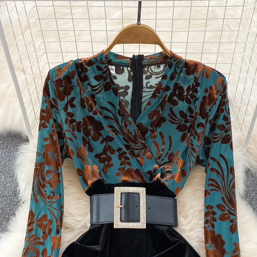 High Quality High Waist V Neck Elegant Print Pleated Pencil Dress