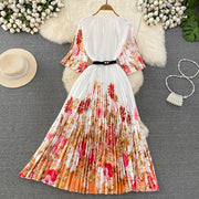 High Quality High Waist Short Sleeve Color Print Pleated O-Neck Dress