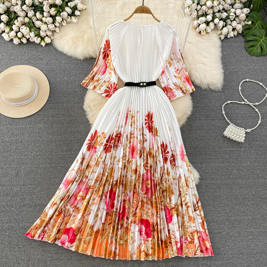 High Quality High Waist Short Sleeve Color Print Pleated O-Neck Dress