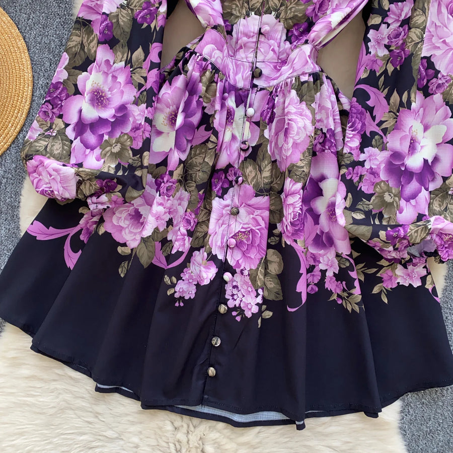 French Print V-neck Puff Sleeve Long Sleeve Single Breasted Dress A-line Casual Women Fashion Autumn Spring Vestidos Clothing