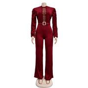 Elegant Hollow Out Turtleneck Long Sleeve Slim Fit Jumpsuit with Belt High Quality