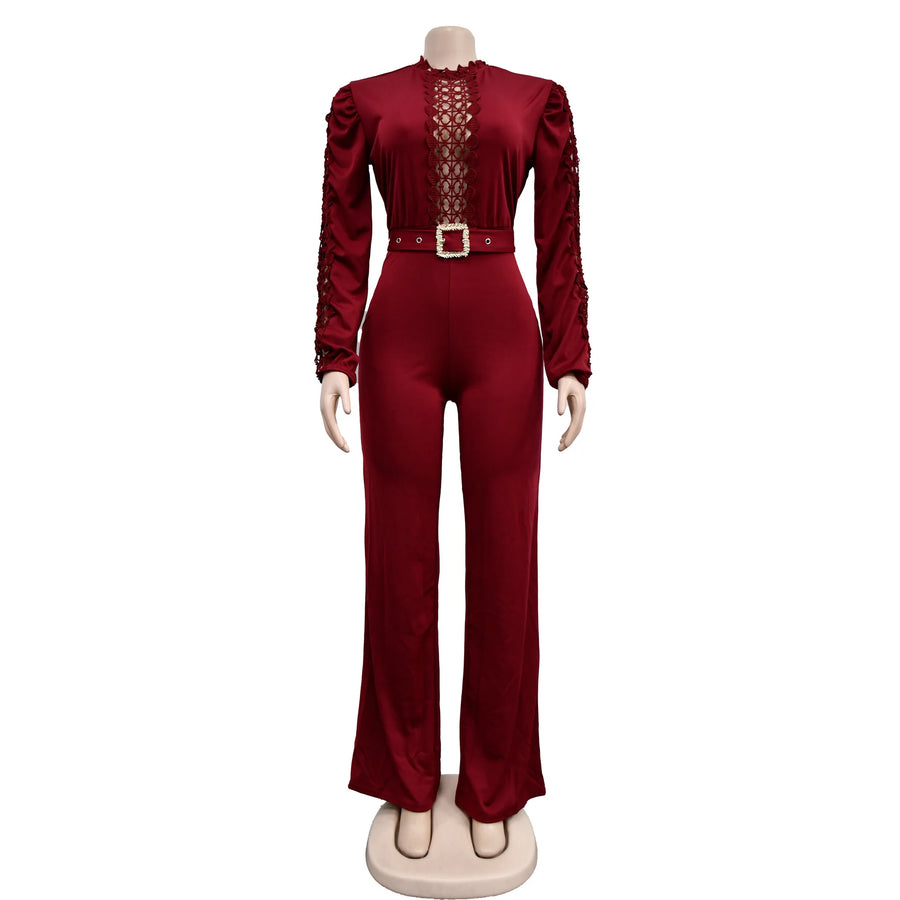 Elegant Hollow Out Turtleneck Long Sleeve Slim Fit Jumpsuit with Belt High Quality
