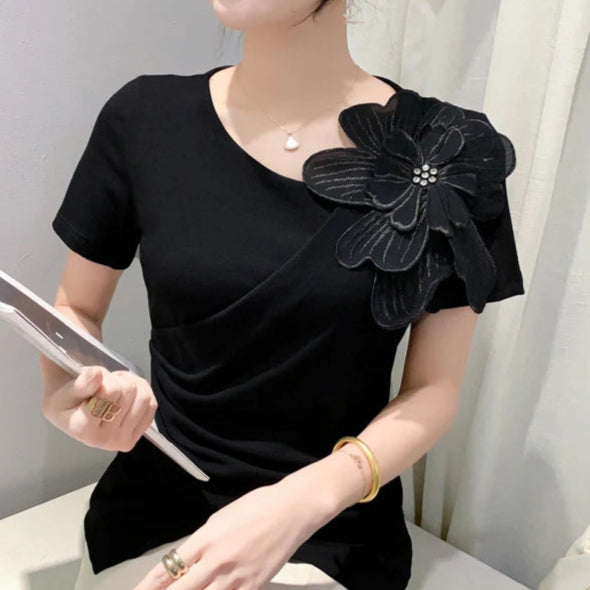 High Quality Pleated Cross Slash Neck Short Sleeve T-shirts