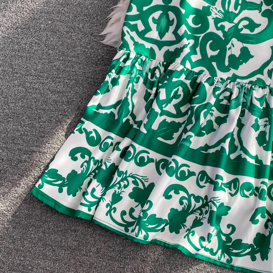 Bohemian Geometric Flower Print Stand Collar Lantern Sleeve Lace Up High Quality Maxi Dress