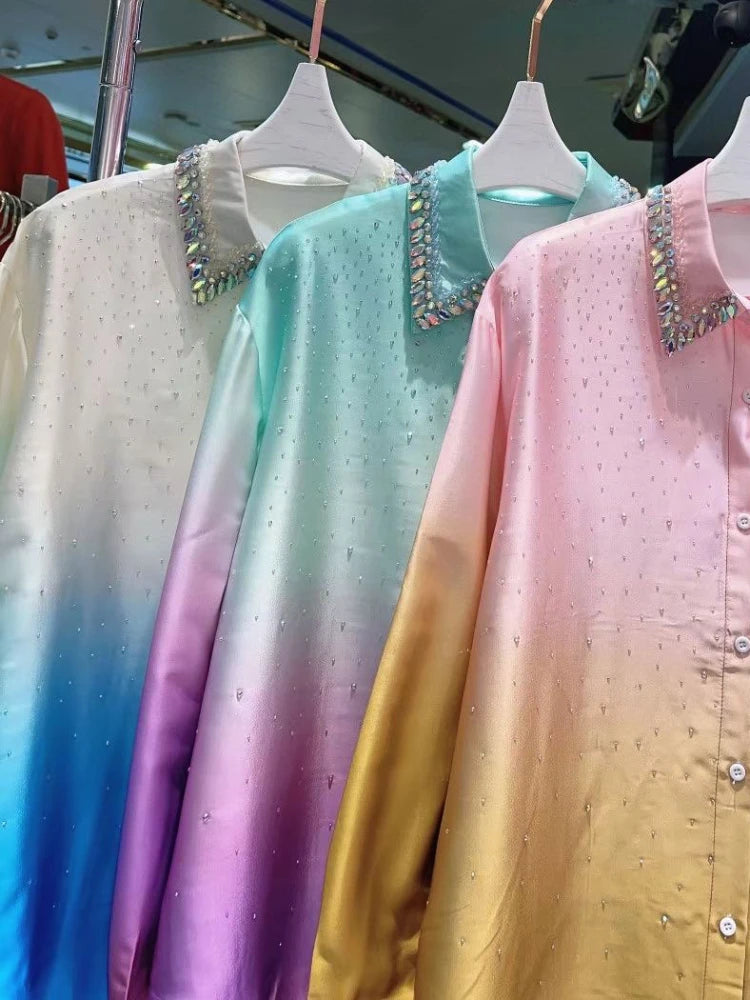 Fashion Gradient Rhinestone Mercerized Cotton Blouse  Spring Rhinestone Lapel Long Sleeve Single-Breasted Shirt for Women