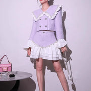 Fashion Sweet Office Lady Pearl Jacket Sets Double Breasted Ruffles Spliced Coat Outfits Light Purple Mini Skirt Two-Piece Set