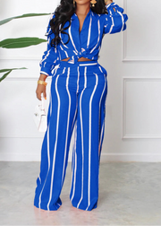 High Quality Striped Long Sleeve Button Wide Leg Pants Two Piece Set