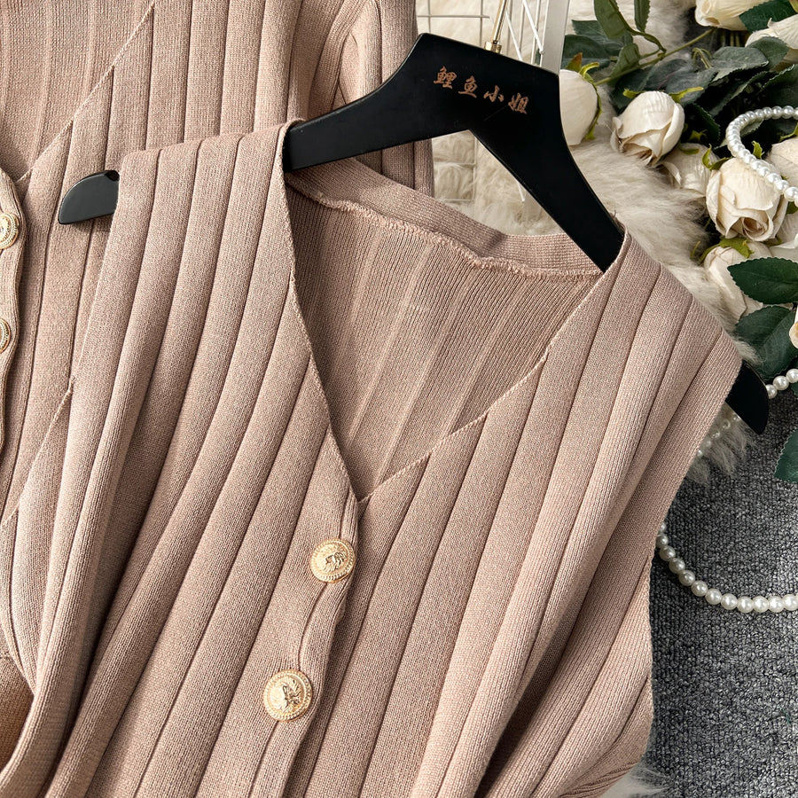 Senior Knitted Suits Fashion Metal Button Vest+V Neck Long Sleeves Cardigans+Wide Legs Pants Stripe Three Pieces Sets