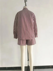 Women Shorts Pant Set Two Piece Sets Jogger Tracksuit Turn Down Collar Full Sleeve Shirt Striped Short Pants High Waist