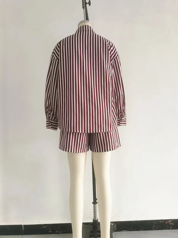 Women Shorts Pant Set Two Piece Sets Jogger Tracksuit Turn Down Collar Full Sleeve Shirt Striped Short Pants High Waist