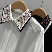 Luxury Sparking Colorful Exquisite Diamonds Black White Cotton Shirts Blouses For Women  New Loose Casual Long Sleeve Top