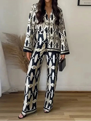 Women's Geometric Print Shirt Pants Suit V-neck Long Sleeves Top High Waist Hidden Zip Straight Leg Pants Female Chic Set