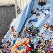 Floral Print Two Piece Set Long Sleeve Shirt + Shorts with Pocket