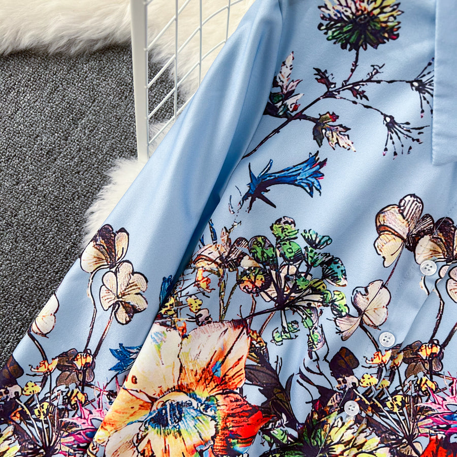Floral Print Two Piece Set Long Sleeve Shirt + Shorts with Pocket