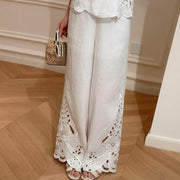Female New High Waist Linen Sets Thin Pant Outfits O-Neck Elegant Sleeveless Tops Hollow-Out Embroidery Women Two-Piece Vest Set