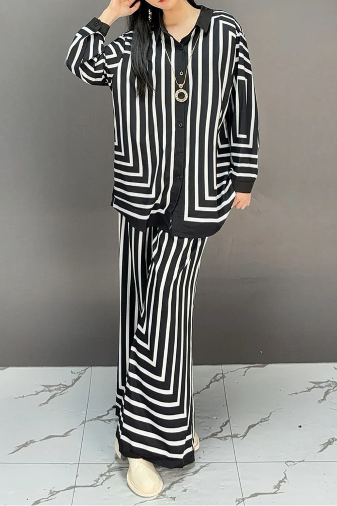 High quality striped long sleeve top+loose pants two piece set