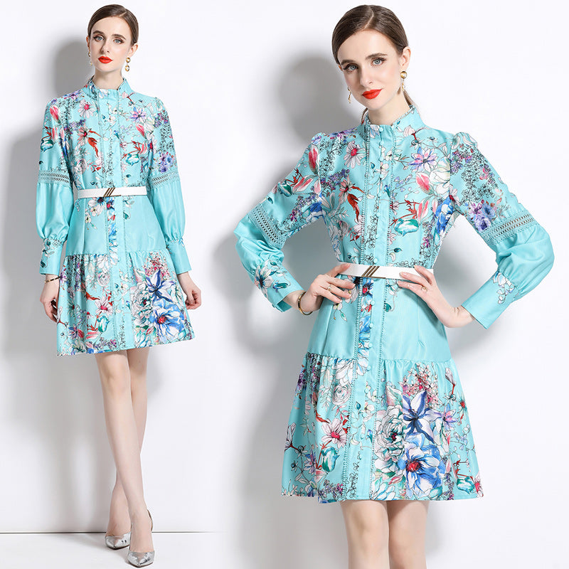 High Quality Support Long Sleeve Flower Print Belted Knee Length Dresses