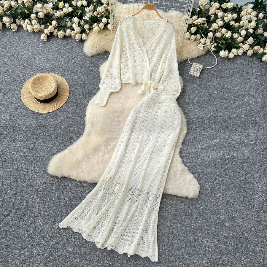 Two Piece Sets Women Skirt Set Full Sleeve Tops Long Skirts A Line High Waist  Streetwear Hollow Out Knit Work Autumn