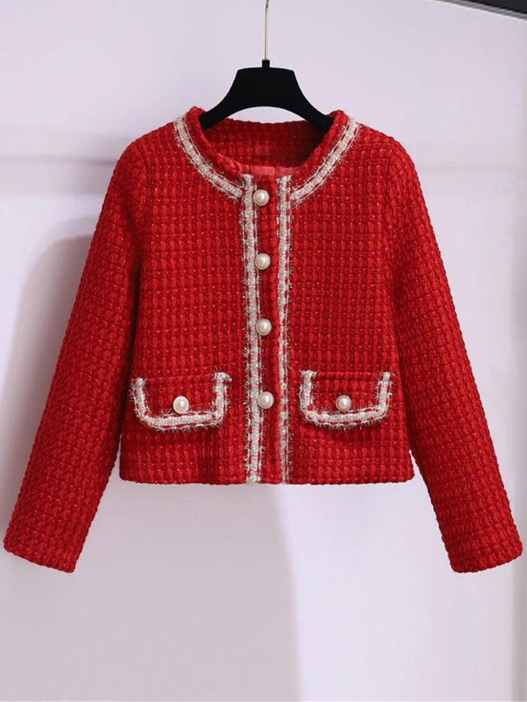 Autumn Winter Fashion Plaid Red Tweed Two Piece Set Women Pearls Single Breasted Fringed Woolen Jackets Coat + Pocket Mini Skirt